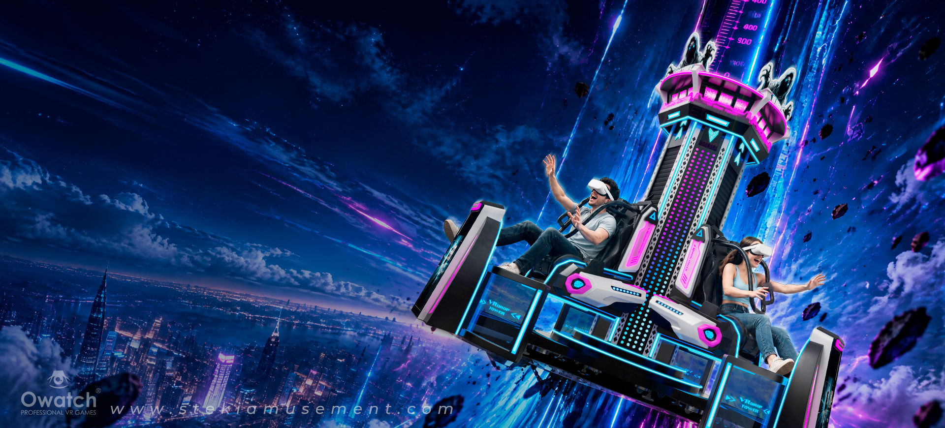 3‑player rotating VR drop tower amusement machine